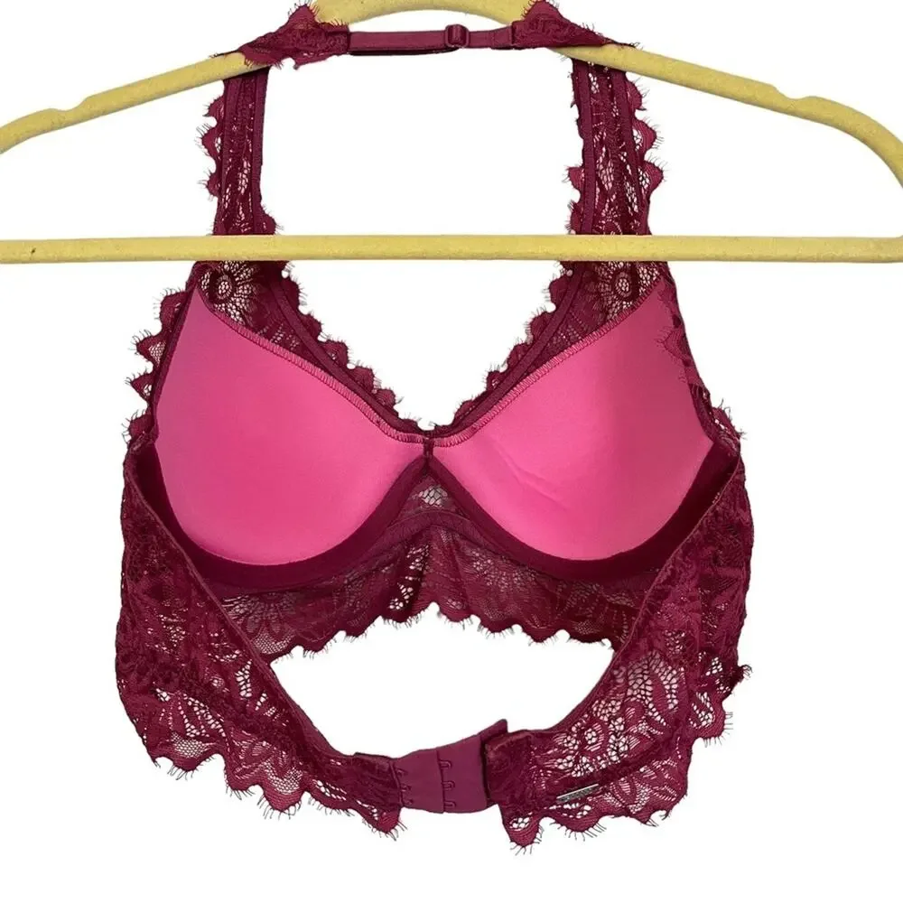 VICTORIA'S SECRET Pink Lace Floral Halter Lightly Lined BRALETTE Bra Underwire S